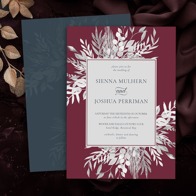 Botanique Foliage Bourgogne Gris Faire-part de mar (Elegant Burgundy and Grey wedding invitation from the Foliage Duet Collection by Darling & May)