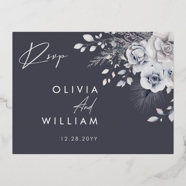 Botanique Hiver Floral Élégant Argent Cartes RSVP (Recto)