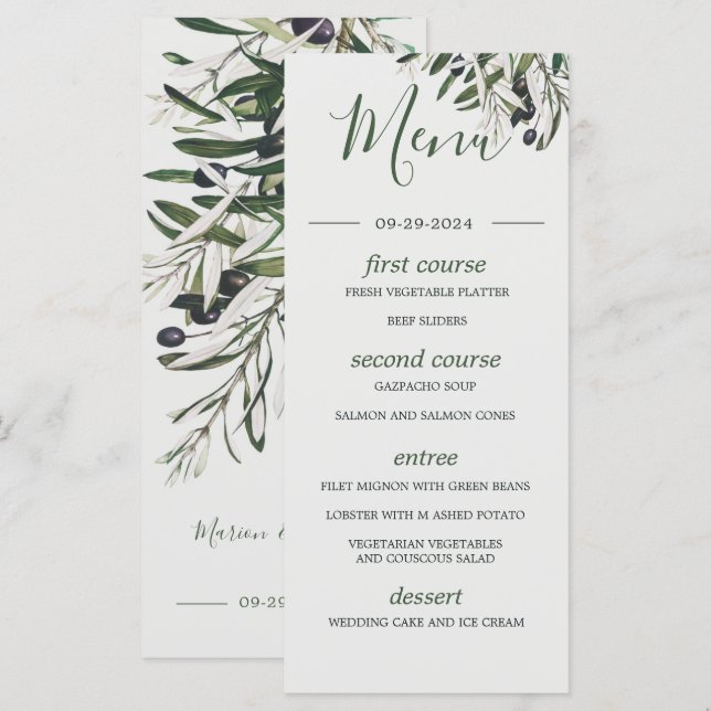 Botanique Italienne Branche d'Olivier Vert Menu Ma (Devant / Derrière)