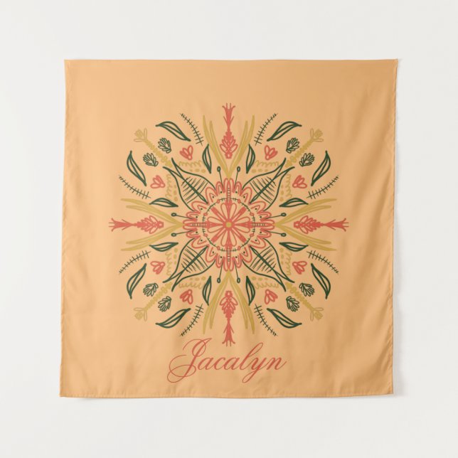 Botanique Mandala Boho Orange Nom Tapisserie (Devant)