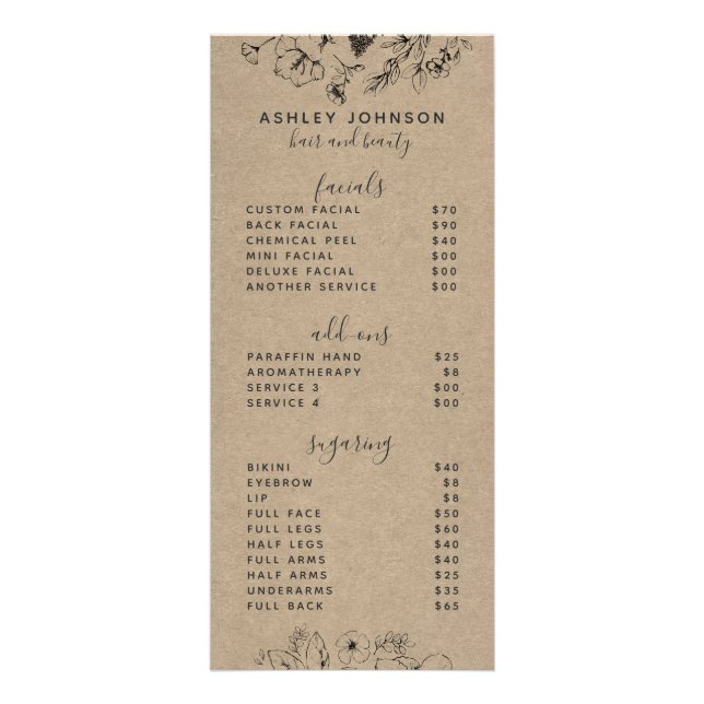 Botanique moderne Kraft Spa 3 Services Menu (Devant)