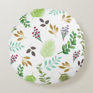 Botanique Verdure Aquarelle Cottage Coussin rond