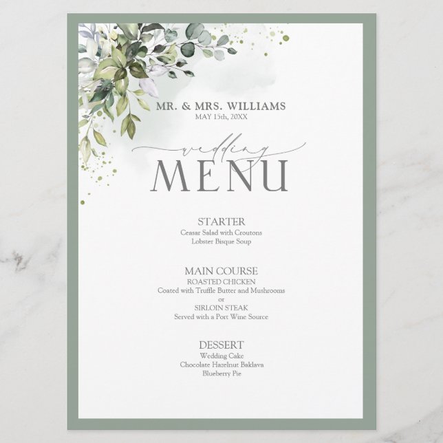 Botanique Vert Floral Aquarelle Menu Mariage (Devant)