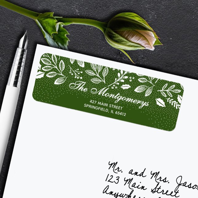 Botaniques blanches sur adresse de retour verte (White botanical leaves and dots on green return address labels)