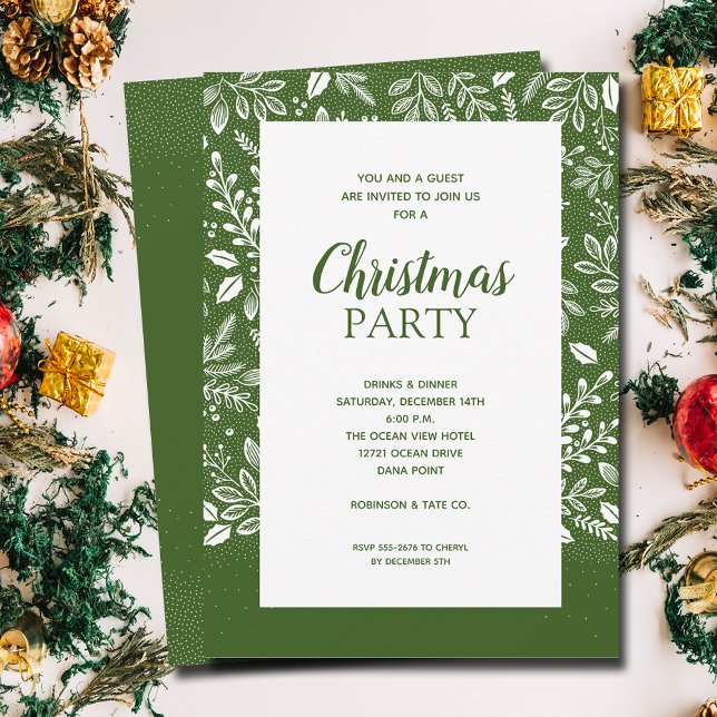 Botaniques blancs Noël Invitations (White botanicals border on green Christmas invitations, PRINTED and/or INSTANT DOWNLOAD)