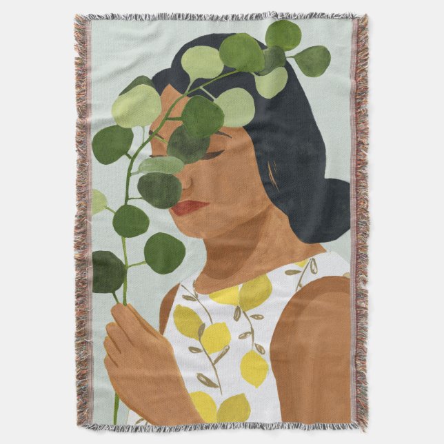 Botany Portrait - Woman with Greenery Throw Blanket (Front Vertical)