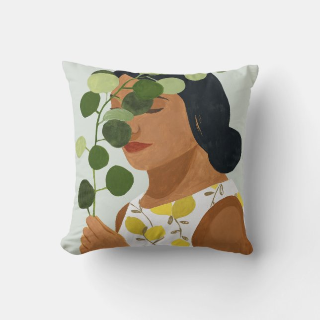 Botany Portrait - Woman with Greenery Throw Pillow (Front)