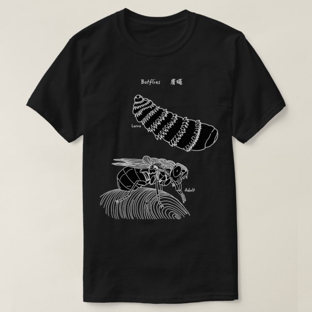 Botfly larva and adult black T-Shirt (Design Front)
