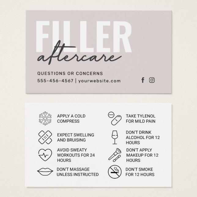 Botox Filler Injection Aftercare Instruction Card (Front & Back)