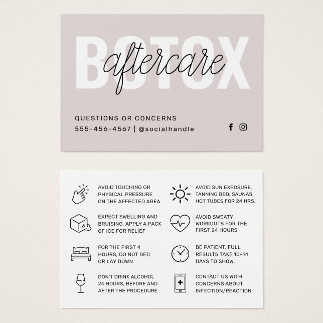 Botox Filler Injection Aftercare Instruction Card (Front & Back)