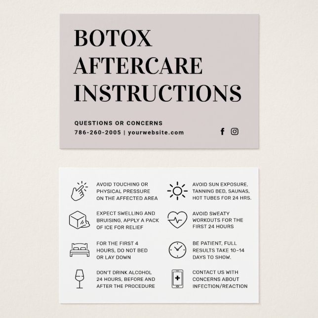 Botox Filler Injection Aftercare Instruction Card (Front & Back)