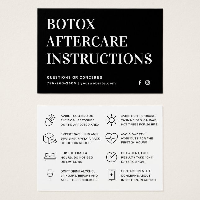 Botox Injection Aftercare Instruction Card (Front & Back)