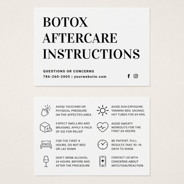 Botox Injection Aftercare Instruction Card (Front & Back)