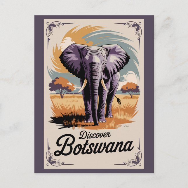 Botswana Elephant Illustration Travel Art Vintage Postcard (Front)