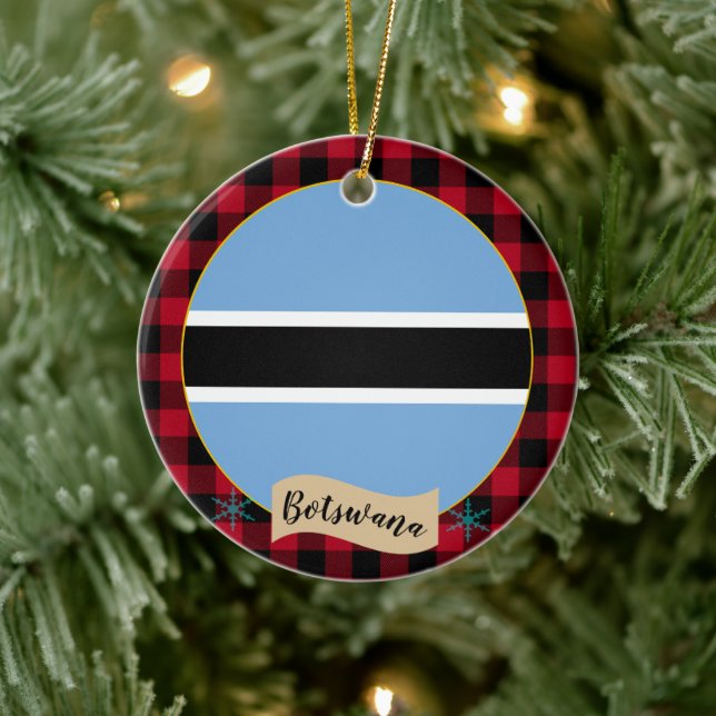 Botswana, Red buffalo plaid & Botswana Flag Ceramic Ornament (Tree)