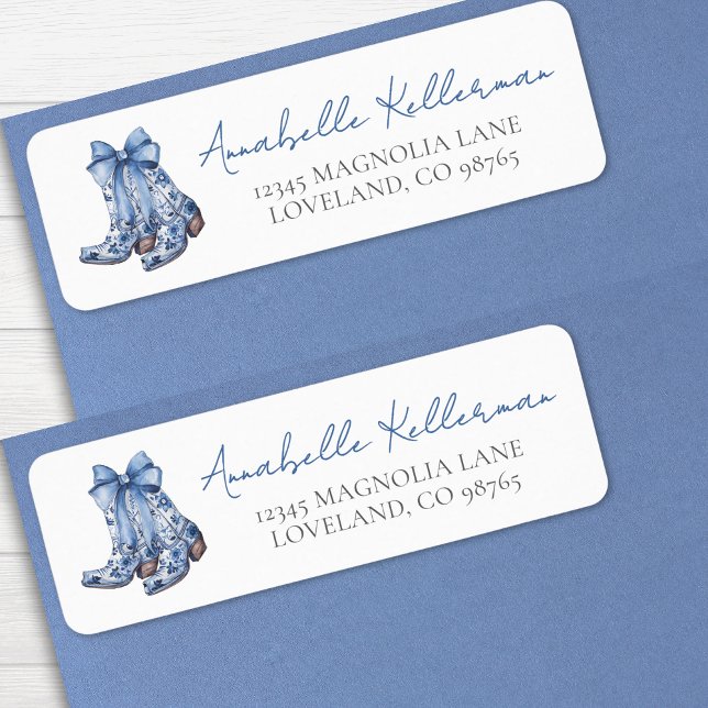 Bottes de cowboy de retour à l'adresse rurale (Country Blue Bow Cowboy Return Address label)