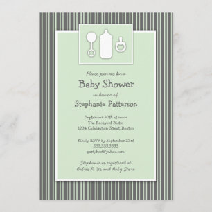 Bottle Binky Rattle Baby Shower Mint & Grey Invitation