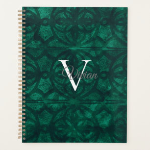 Bottle Green Batik Elegant Monogram Name Planner