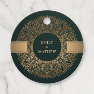 BOTTLE GREEN GOLD CLASSIC ORNATE MANDALA WEDDING FAVOUR TAGS