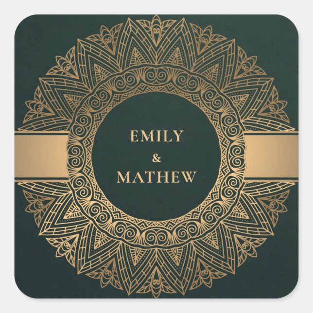 BOTTLE GREEN GOLD CLASSIC ORNATE MANDALA WEDDING SQUARE STICKER (Front)