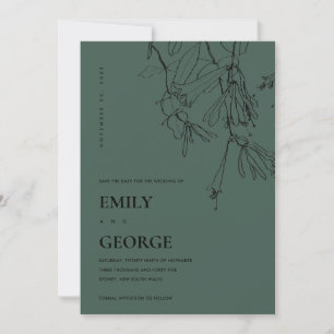 BOTTLE GREEN LINE DRAWING FLORA SAVE THE DATE CARD