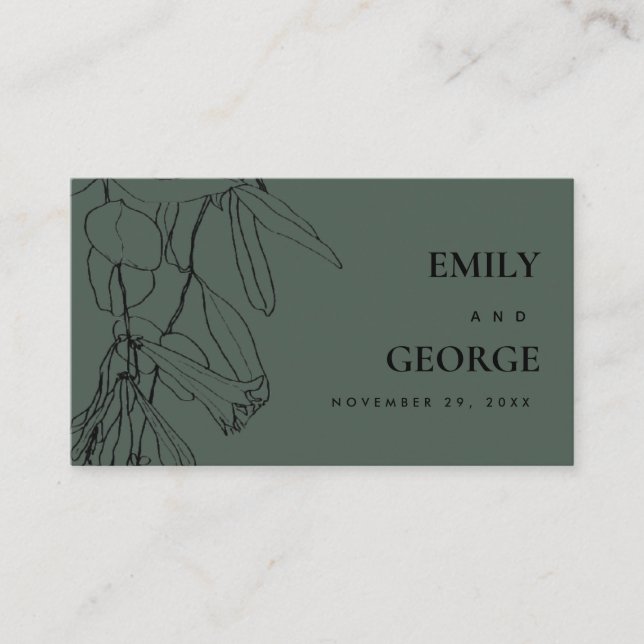 BOTTLE GREEN LINE DRAWING FLORAL WEDDING WEBSITE BUSINESS CARD (Front)