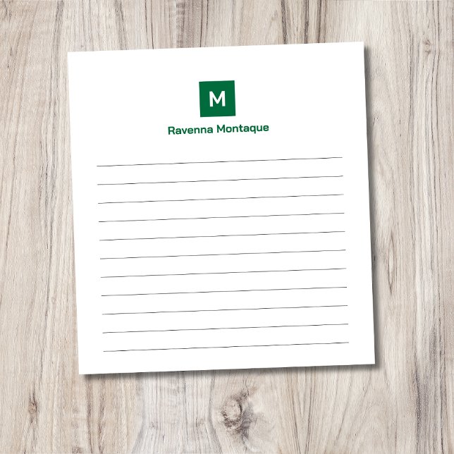 Bottle Green Modern Lined Chic Trendy Monogram  Notepad (Creator Uploaded)