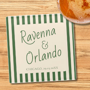 Bottle Green Stripes Retro Minimalist Wedding Glass Coaster