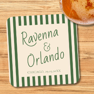 Bottle Green Stripes Retro Minimalist Wedding Square Paper Coaster