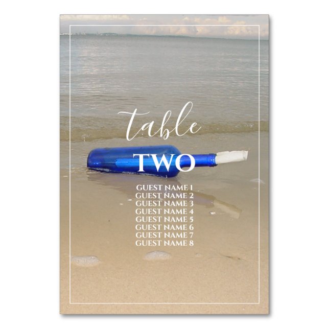Bottle On Beach Sand Wedding Guest Names Table Number (Front)