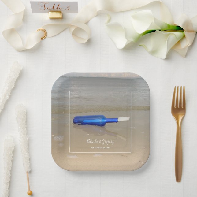 Bottle On Beach Sand Wedding  Paper Plate (Wedding)
