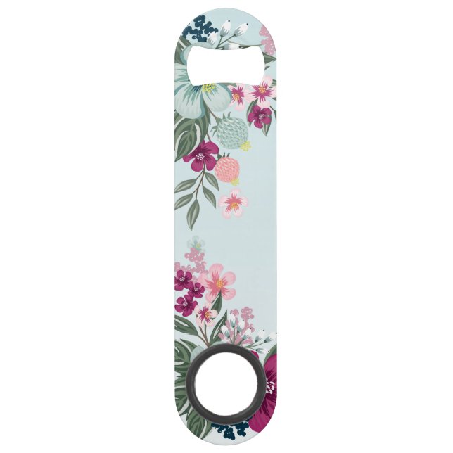 Bottle Opener Tropical Flower on Blue Ombre Bar Key (Front)