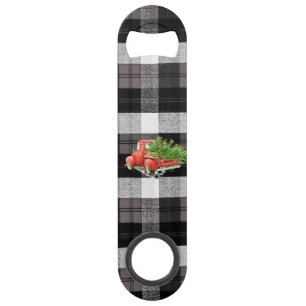 Bottle Opener XMAS Truck Baffalo Plaid Black White Bar Key