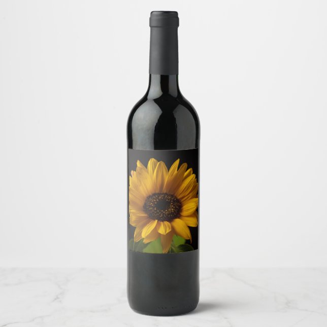 Bottle with sunflower blossom wine label (Front)