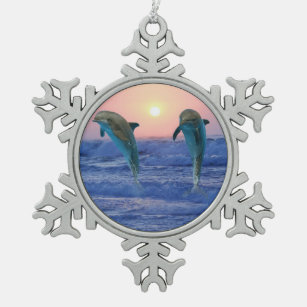 Bottlenose Dolphin at Sunrise Snowflake Pewter Christmas Ornament