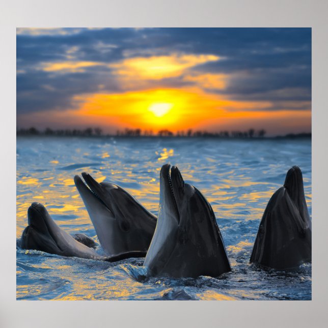 Bottlenose dolphins, sunset ocean scene. poster (Front)