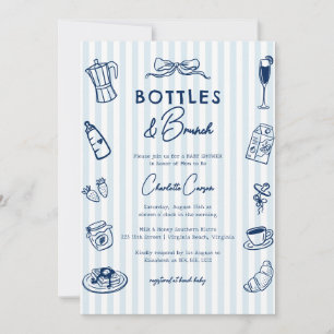 Bottles and Brunch Doodle Baby Shower Blue Striped Invitation