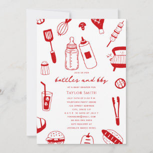 Bottles & BBQ Neutral Red Baby Shower Invitation
