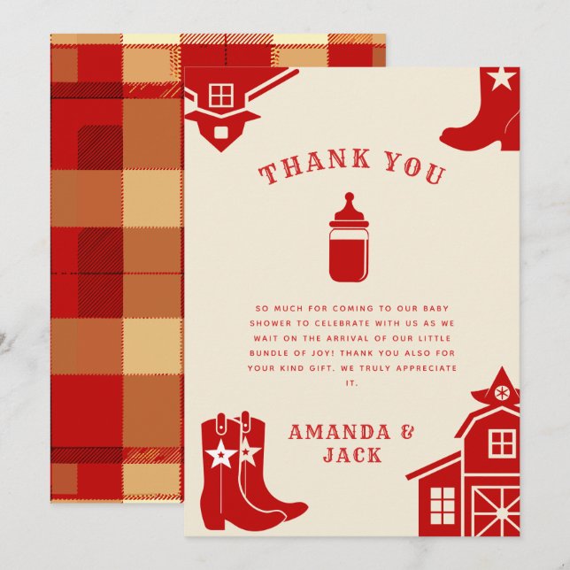 Bottles & Boots Cowboy Retro Red Baby Shower Thank You Card (Front/Back)