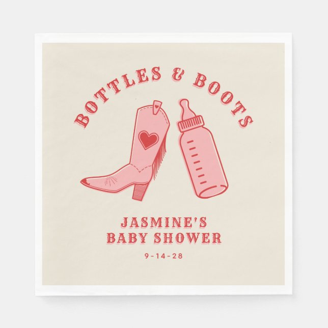 Bottles & Boots Cowgirl Western Pink Baby Shower Napkin (Front)