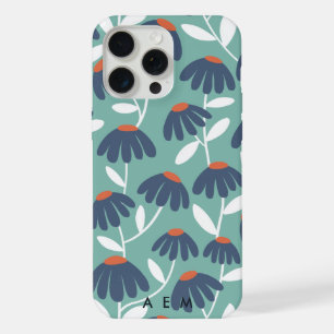 Bottom Monogram Initials Blue & Red Floral Pattern iPhone 15 Pro Max Case