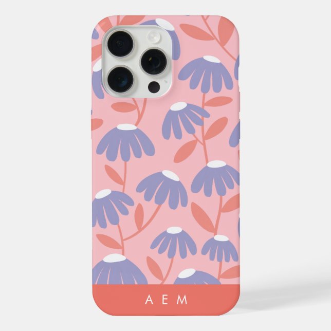 Bottom Monogram Initials Pink/Blue Floral Pattern iPhone Case (Back)