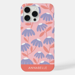 Bottom Monogram Name Pink & Blue Floral Pattern iPhone 15 Pro Max Case