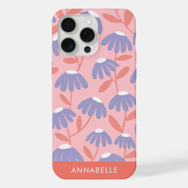 Bottom Monogram Name Pink & Blue Floral Pattern iPhone Case (Back)