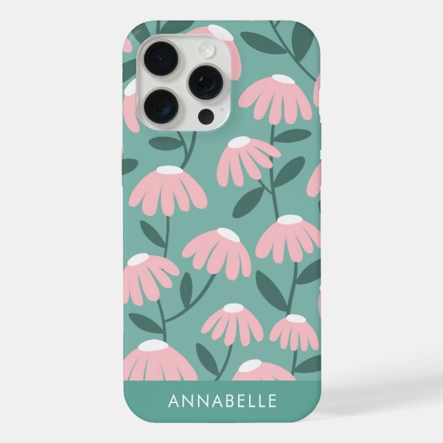 Bottom Monogram Name Pink & Green Floral Pattern iPhone Case (Back)