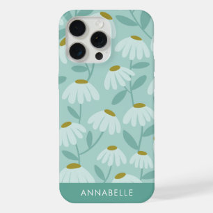Bottom Monogram Name Teal Blue Floral Pattern iPhone 15 Pro Max Case