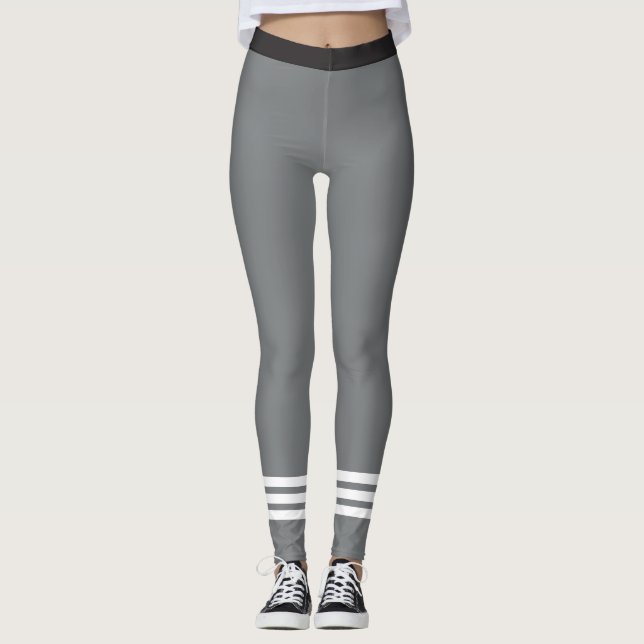 Bottom Three White Stripes on Grey Leggins Leggings (Front)