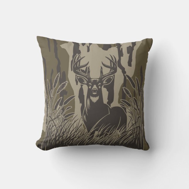 Bottomland camo whitetail deer buck hunting camo throw pillow (Front)