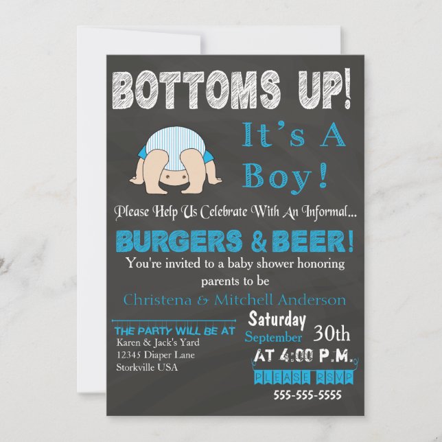 Bottoms Up Baby Shower Invitation (Blue) (Front)