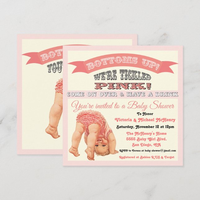 Bottom's Up Vintage Baby Girl Shower Invitations (Front/Back)